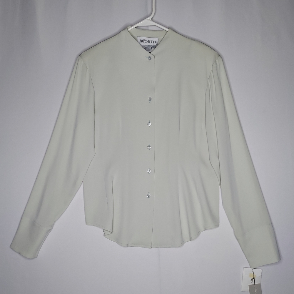 Worth Vtg Silk Button Blouse Women 10 Pastel Green Stretch Fitted